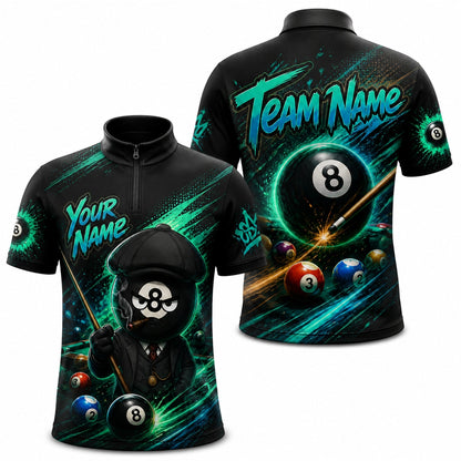 Gangster 8 Ball Graphic Personalized Billiard Polo Shirt Jersey Zip 1 4 Collar