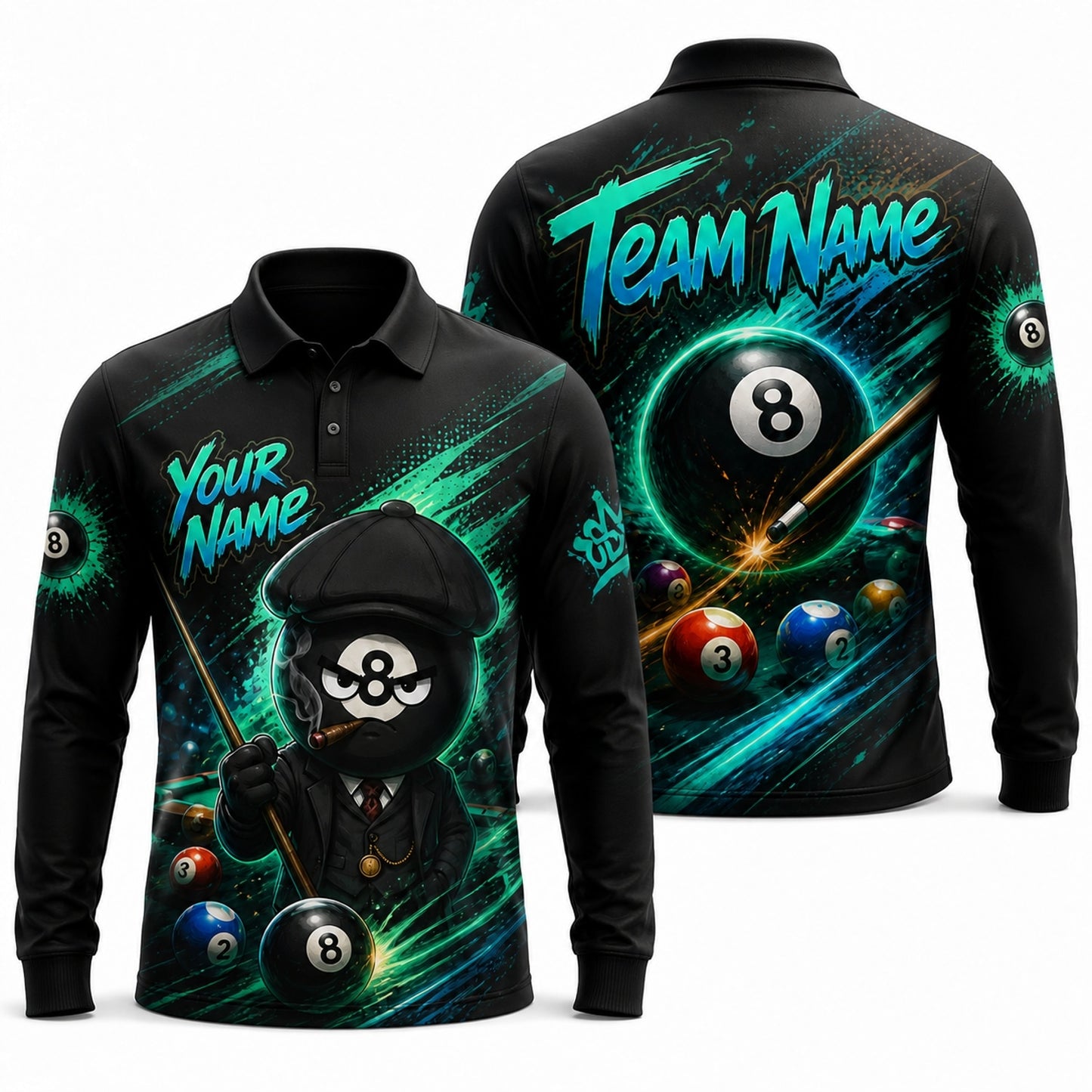 Gangster 8 Ball Graphic Personalized Billiard Polo Shirt Long Sleeve Polo