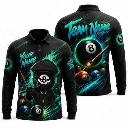 Gangster 8 Ball Graphic Personalized Billiard Polo Shirt Long Sleeve Polo