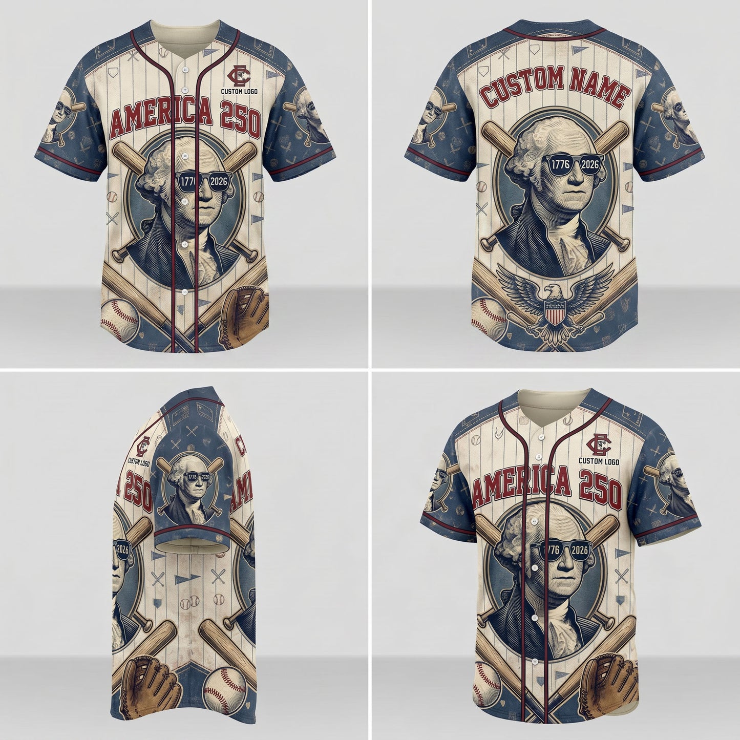 Four-way product display grid showcasing the front, back, side silhouette, and angled view of the patriotic George Washington baseball shirt.
