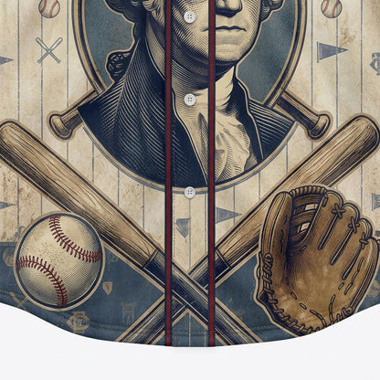 Close-up texture detail of the vintage baseball shirt showing a printed baseball, crossed wooden bats, and a leather catcher glove.