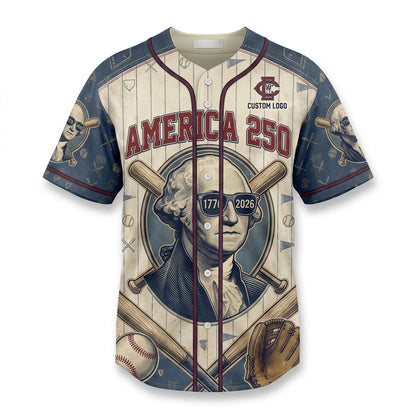 Premium flatlay of the custom George Washington 250th anniversary baseball jersey, isolated on a white background for product display.