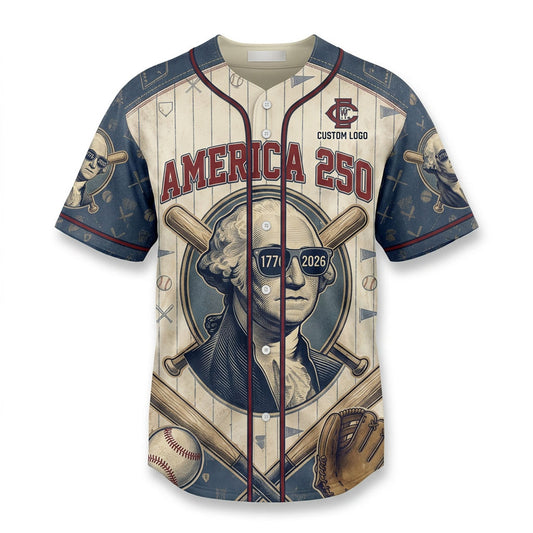 Premium flatlay of the custom George Washington 250th anniversary baseball jersey, isolated on a white background for product display.