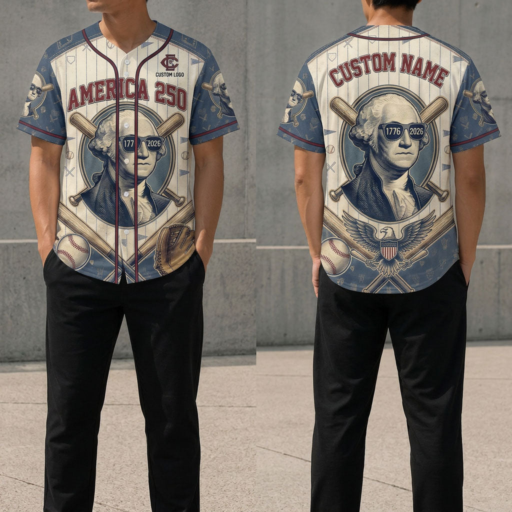 Front and back view of a vintage cream and blue George Washington America 250th anniversary baseball jersey with custom name text.