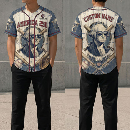Front and back view of a vintage cream and blue George Washington America 250th anniversary baseball jersey with custom name text.