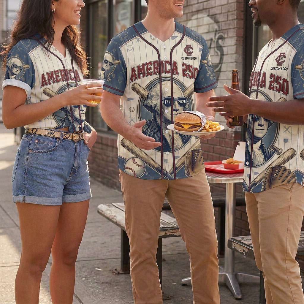 A group of multiethnic friends wearing matching George Washington 250th anniversary baseball jerseys at an outdoor casual hang out spot.