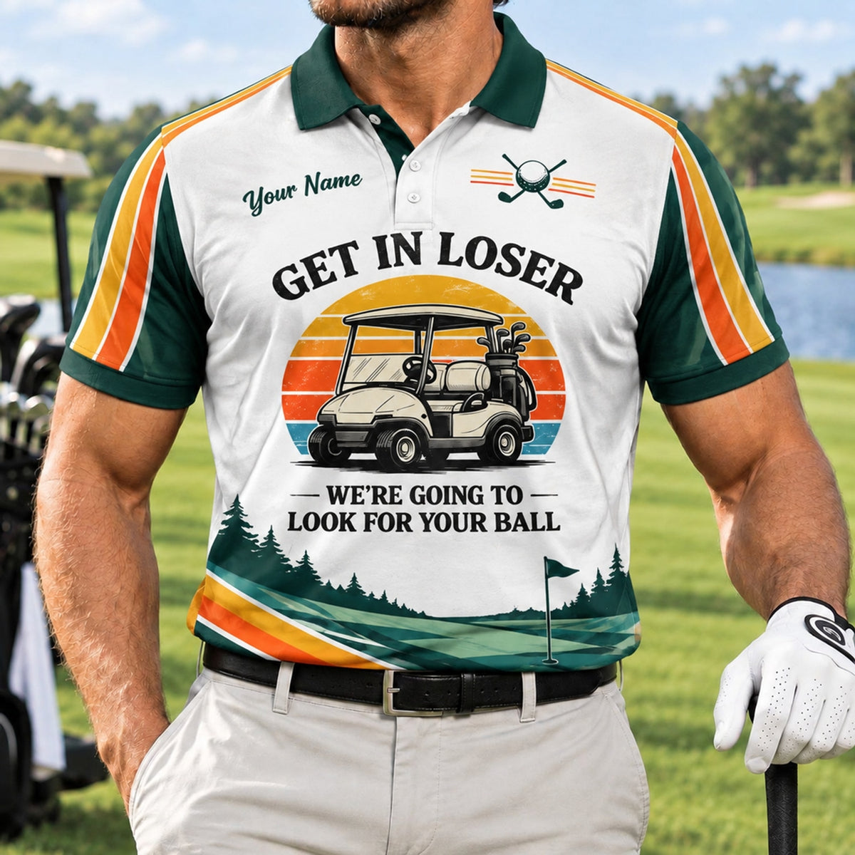 Get In Loser Golf Humor Personalized Golf Polo Shirt Front View