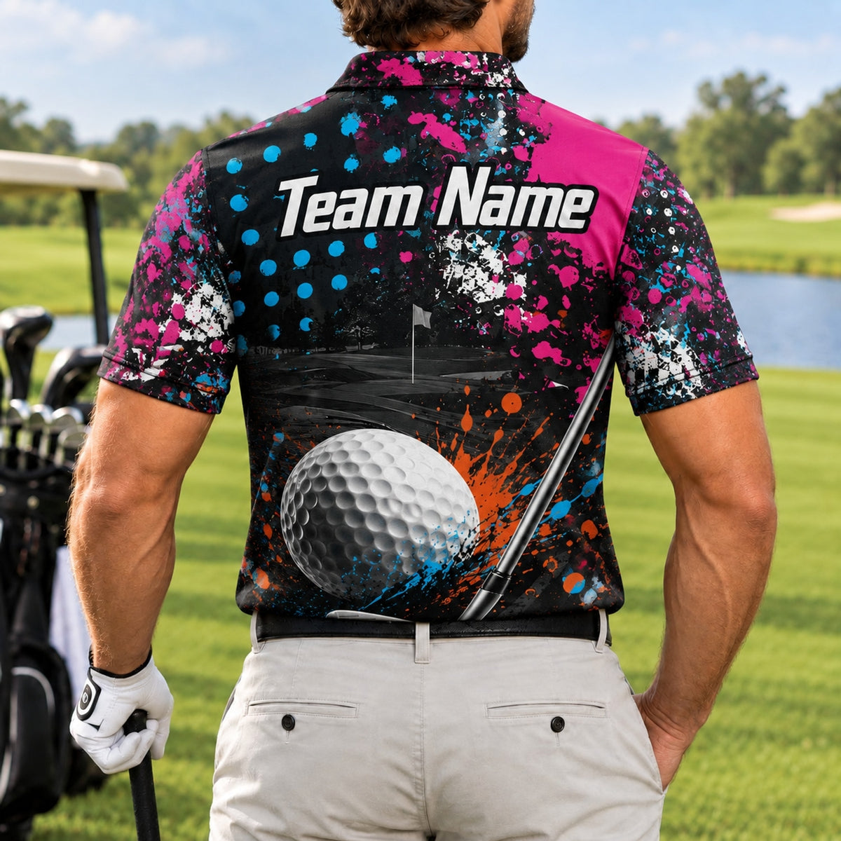 Golf Ball And Club Graphic Personalized Golf Polo Shirt Back View