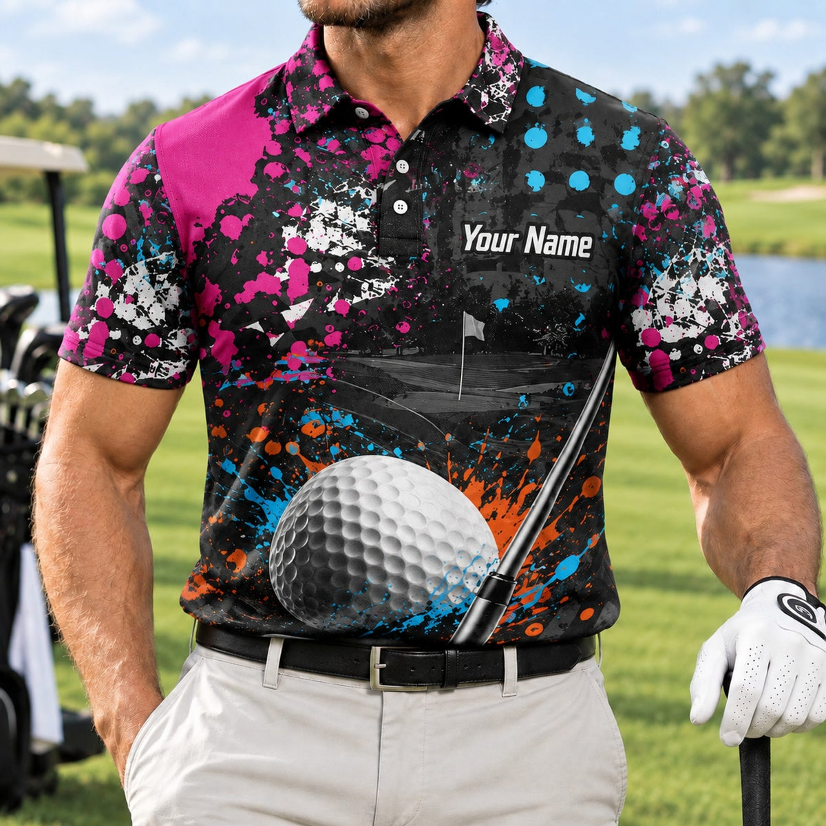Golf Ball And Club Graphic Personalized Golf Polo Shirt Front View