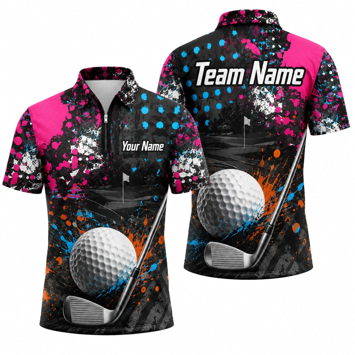 Golf Ball And Club Graphic Personalized Golf Polo Shirt Jersey Zip 1 4 Collar