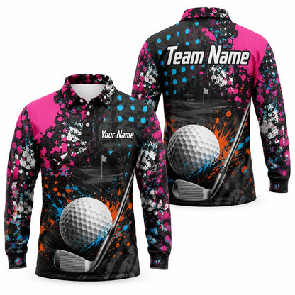 Golf Ball And Club Graphic Personalized Golf Polo Shirt Long Sleeve Polo