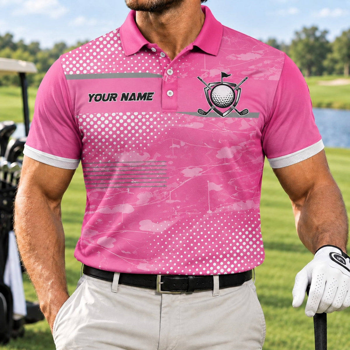 Golf Ball And Clubs Crest Sport Custom Golf Polo Shirt Front View