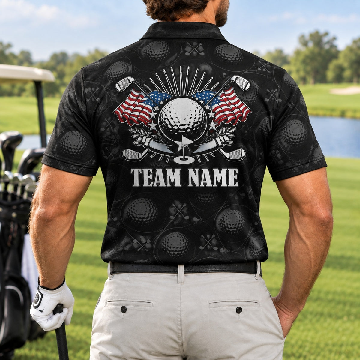 Golf Ball And Clubs Crest Sport Personalized Golf Polo Shirt Back View