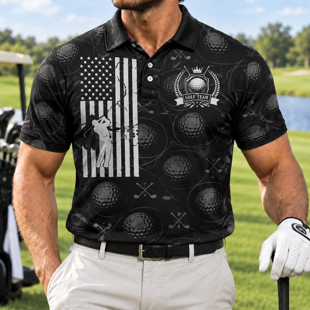 Golf Ball And Clubs Crest Sport Personalized Golf Polo Shirt Front View