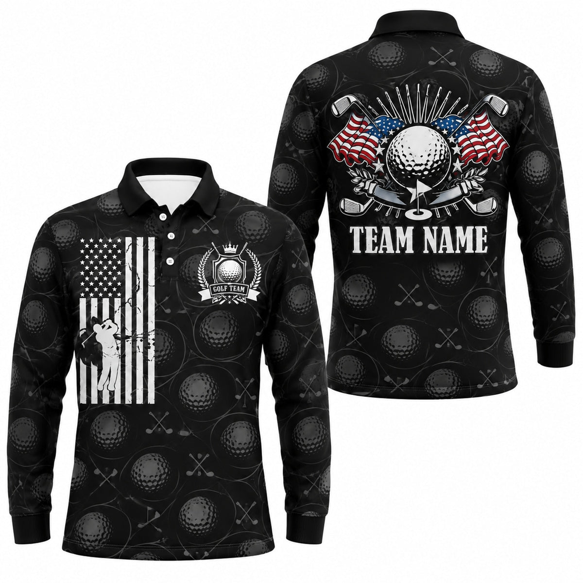 Golf Ball And Clubs Crest Sport Personalized Golf Polo Shirt Long Sleeve Polo