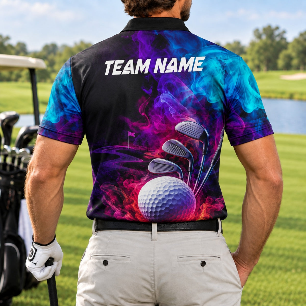 Golf Ball And Clubs Custom Golf Polo Shirt Back View