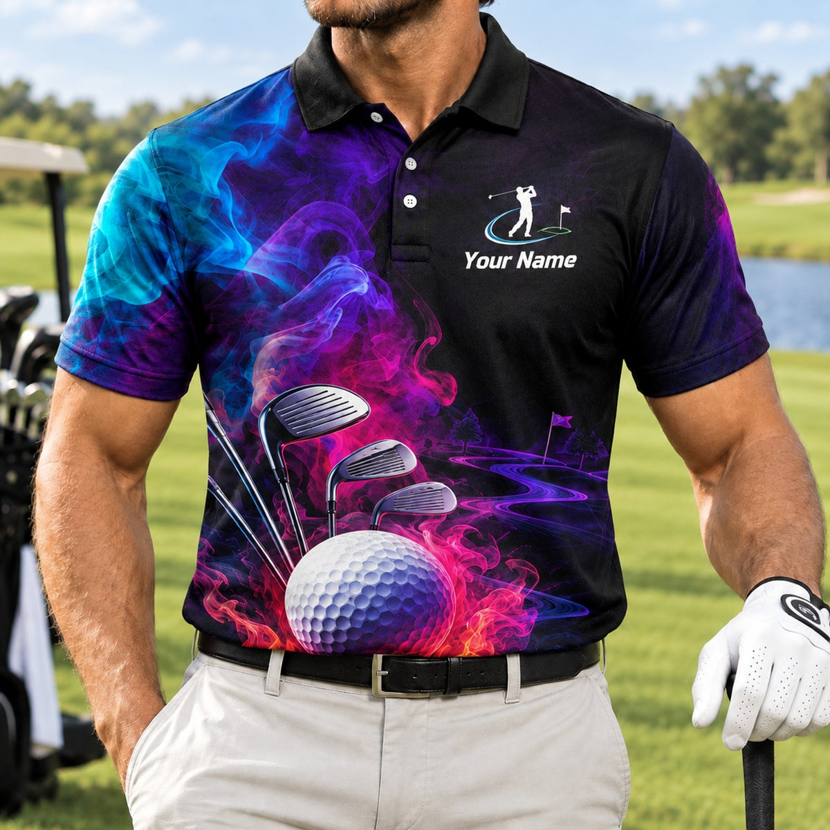 Golf Ball And Clubs Custom Golf Polo Shirt Front View