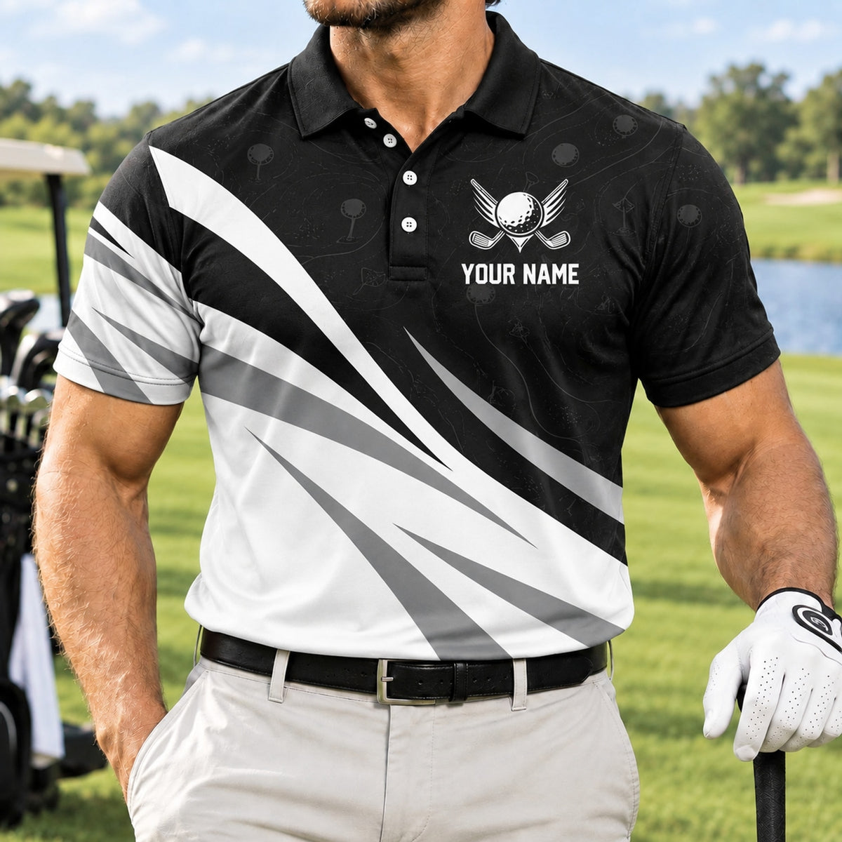 Golf Ball And Clubs Emblem Sport Personalized Golf Polo Shirt Front View