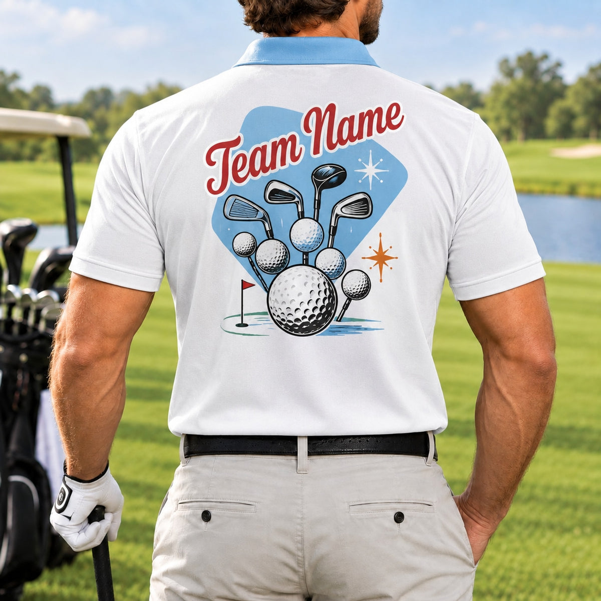 Golf Ball And Clubs Graphic Personalized Golf Polo Shirt Back View