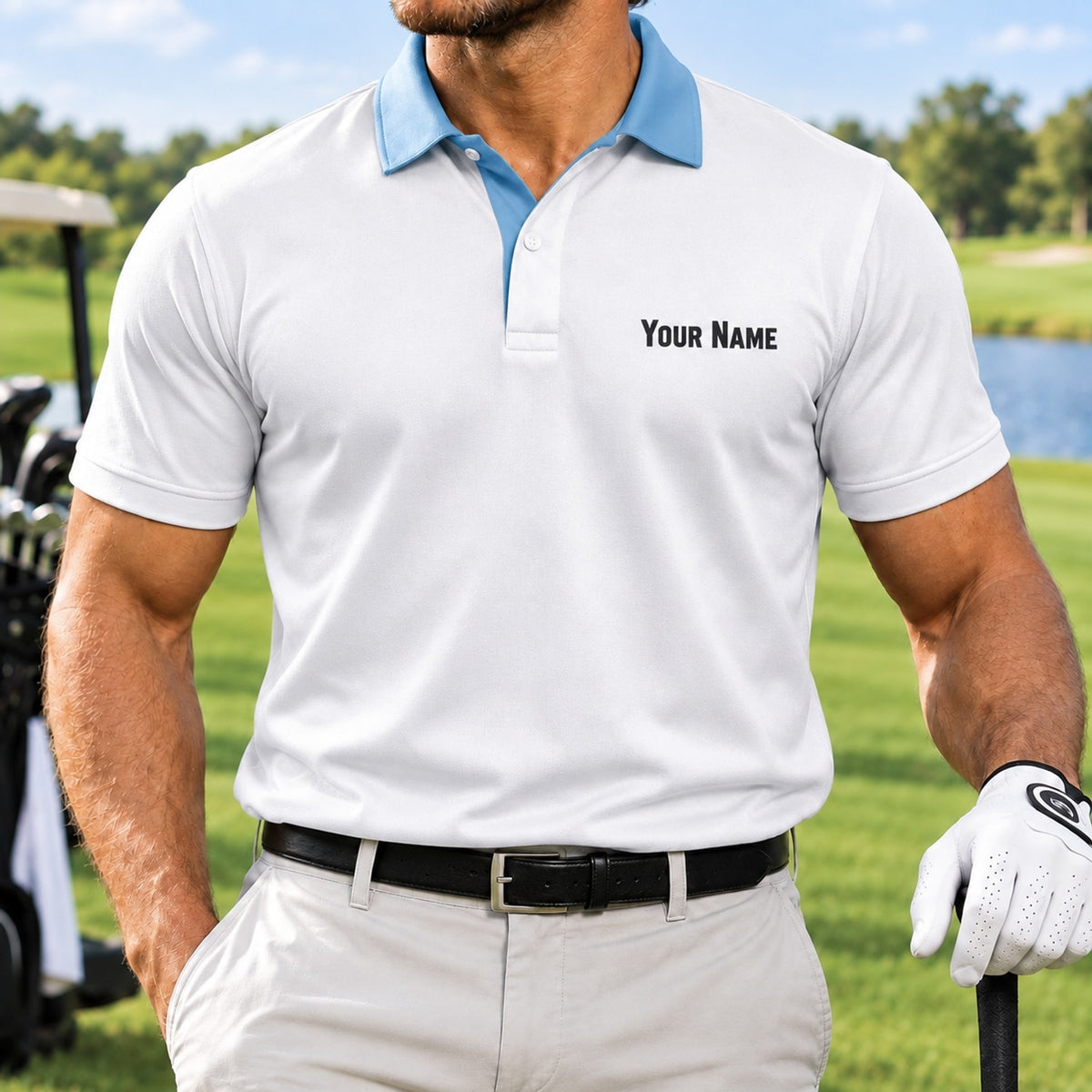 Golf Ball And Clubs Graphic Personalized Golf Polo Shirt Front View