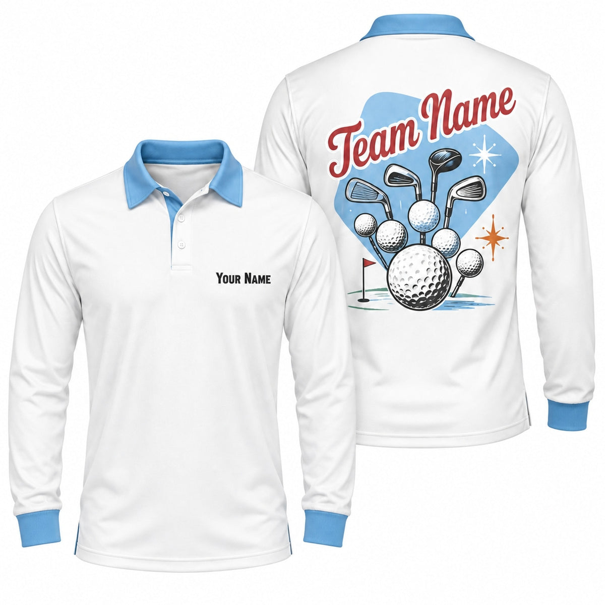 Golf Ball And Clubs Graphic Personalized Golf Polo Shirt Long Sleeve Polo