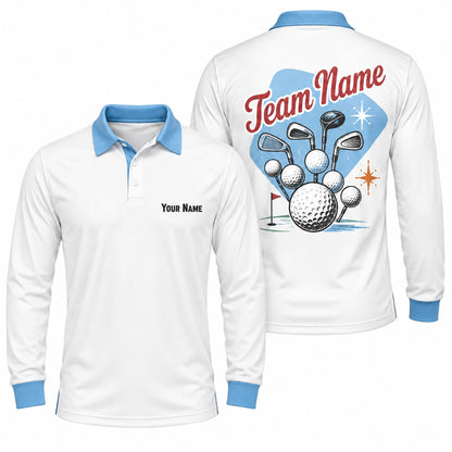 Golf Ball And Clubs Graphic Personalized Golf Polo Shirt Long Sleeve Polo