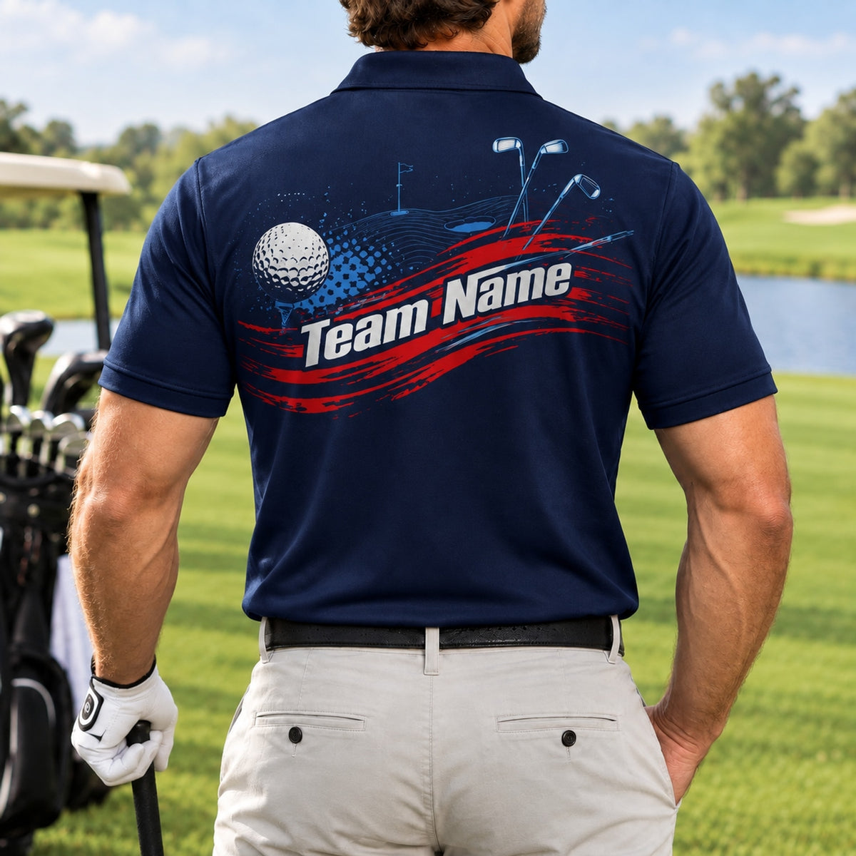 Golf Ball And Clubs Sport Custom Golf Polo Shirt Back View