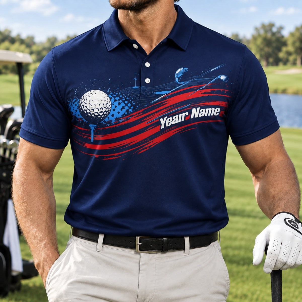 Golf Ball And Clubs Sport Custom Golf Polo Shirt Front View