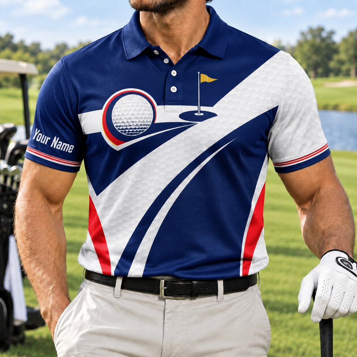 Golf Ball And Flag Sport Personalized Golf Polo Shirt Front View