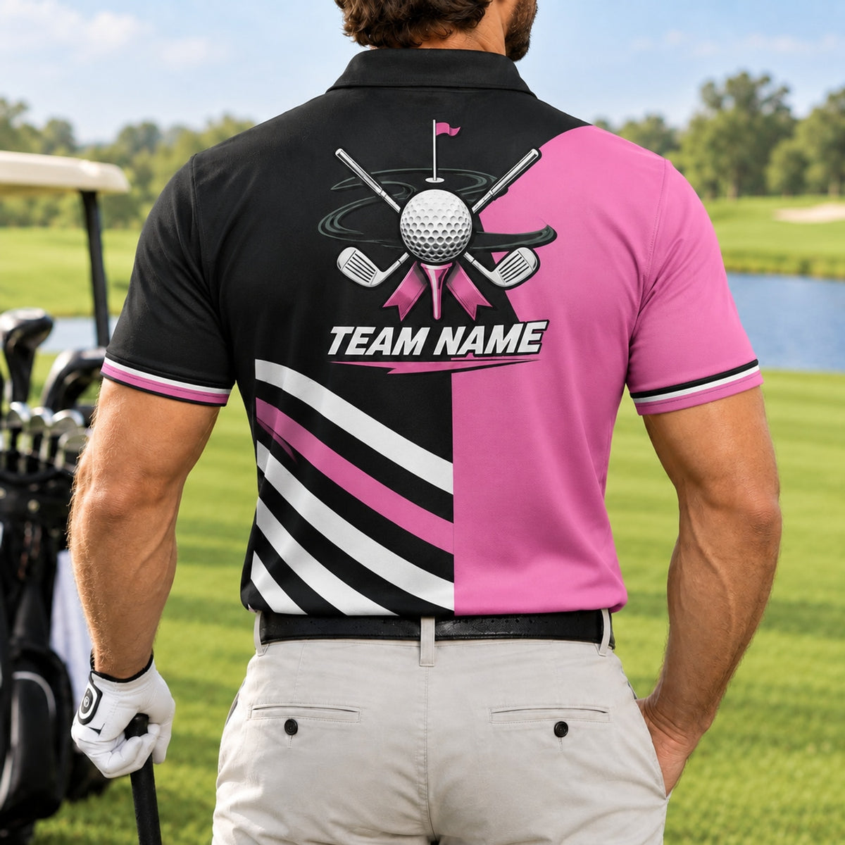 Golf Ball Crossed Clubs Custom Golf Polo Shirt Back View