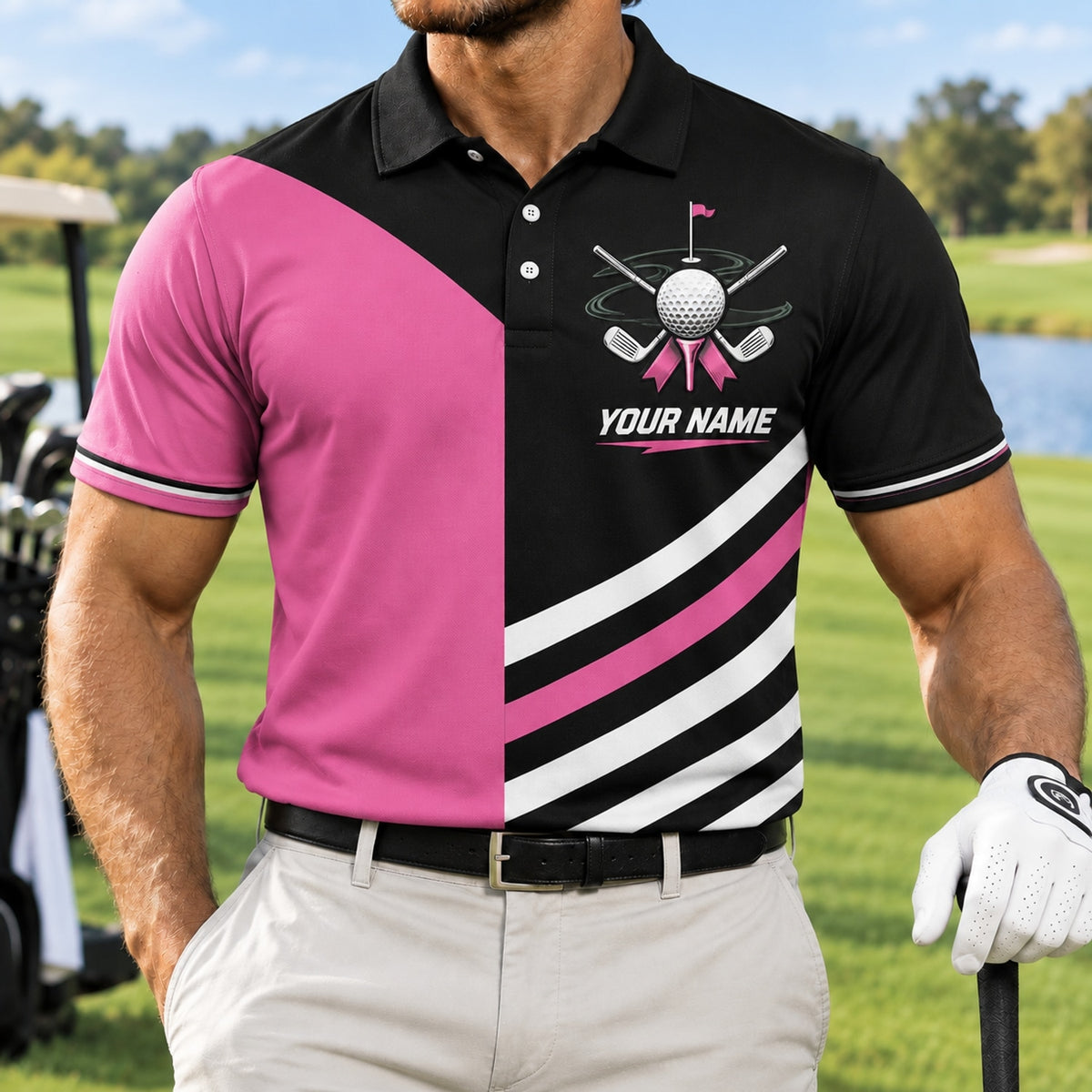 Golf Ball Crossed Clubs Custom Golf Polo Shirt Front View