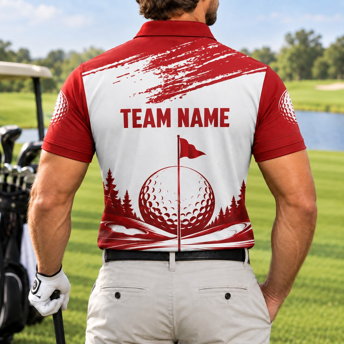 Golf Ball Flagstick Graphic Custom Golf Polo Shirt Back View