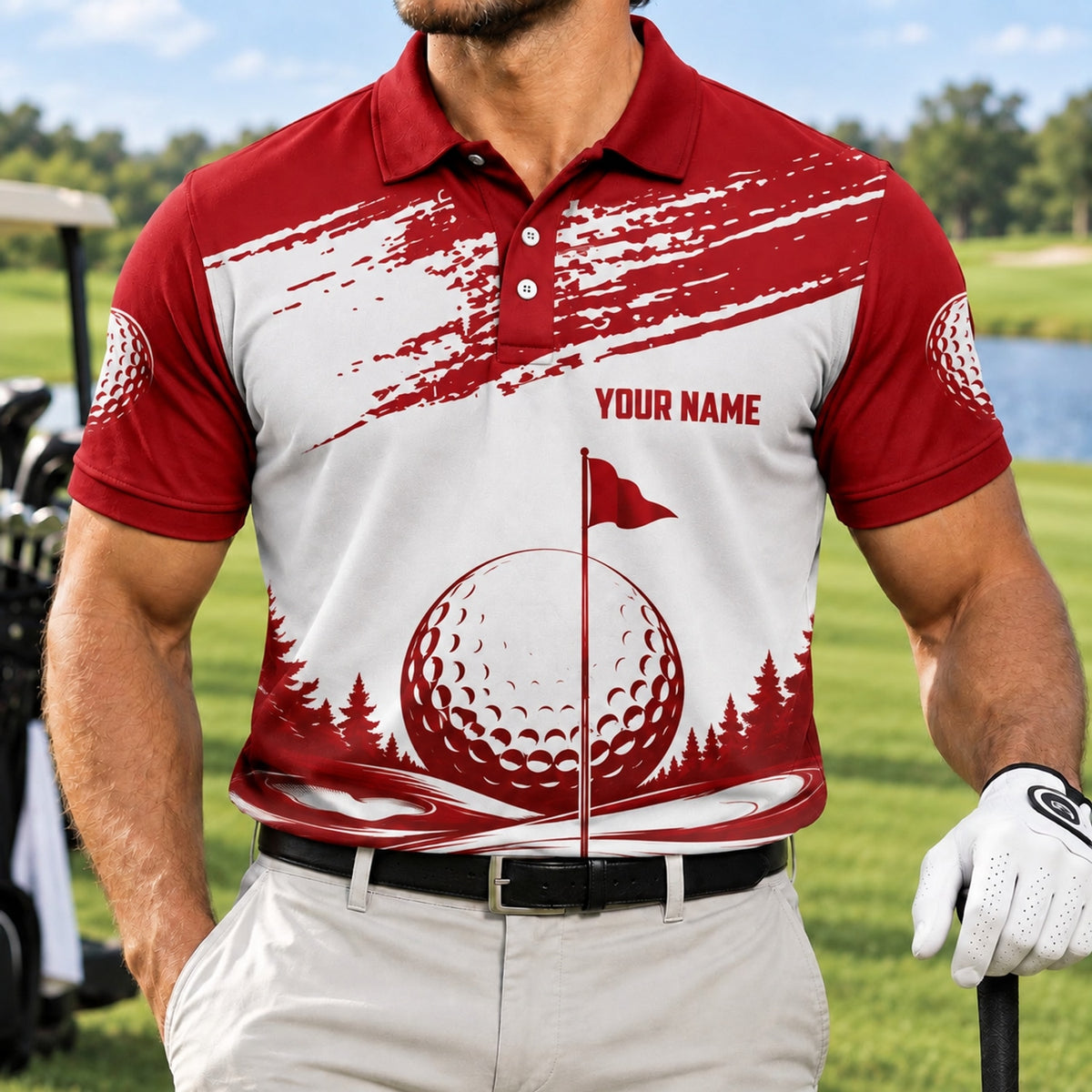 Golf Ball Flagstick Graphic Custom Golf Polo Shirt Front View