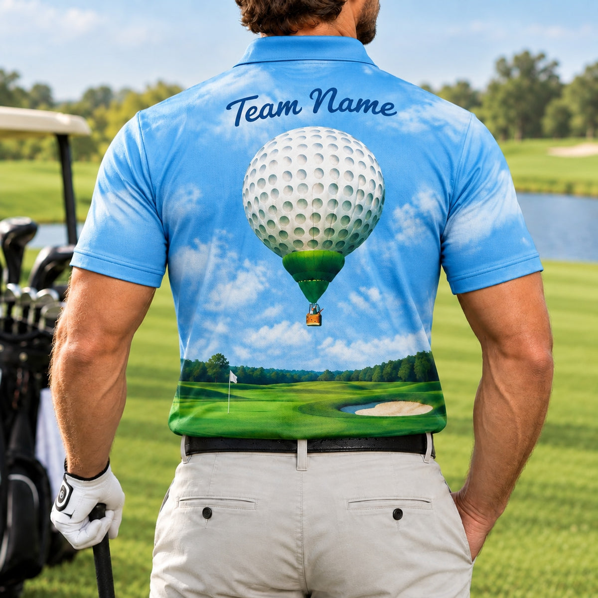 Golf Ball Hot Air Balloon Graphic Personalized Golf Polo Shirt Back View