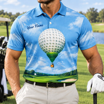 Golf Ball Hot Air Balloon Graphic Personalized Golf Polo Shirt Front View