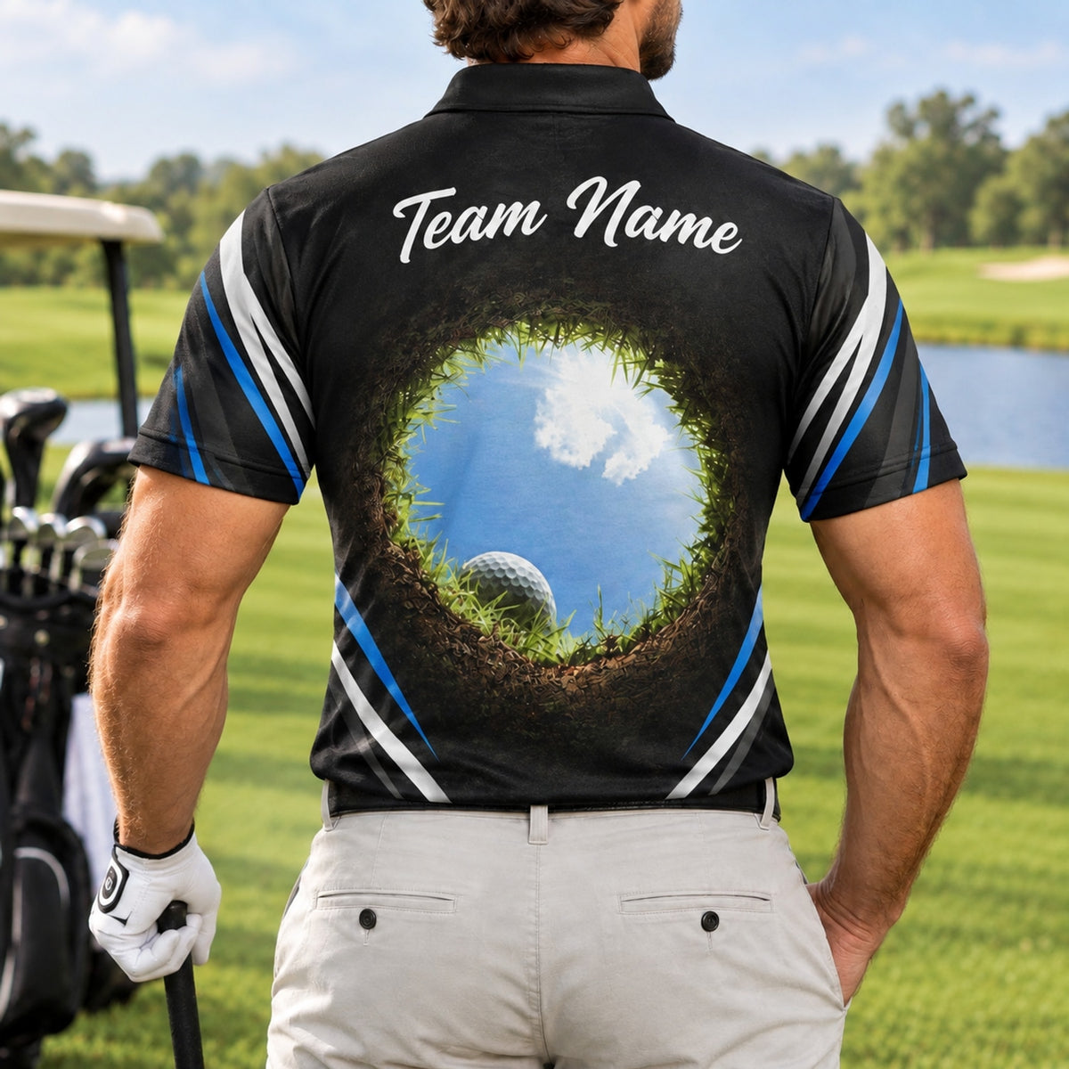 Golf Ball In Hole Graphic Personalized Golf Polo Shirt Back View