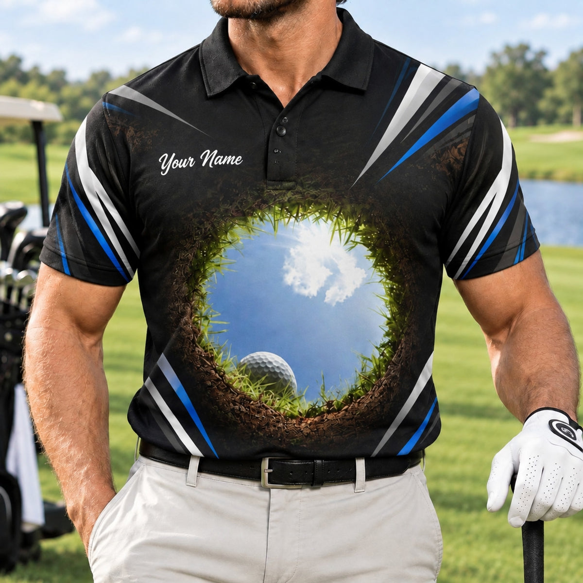 Golf Ball In Hole Graphic Personalized Golf Polo Shirt Front View