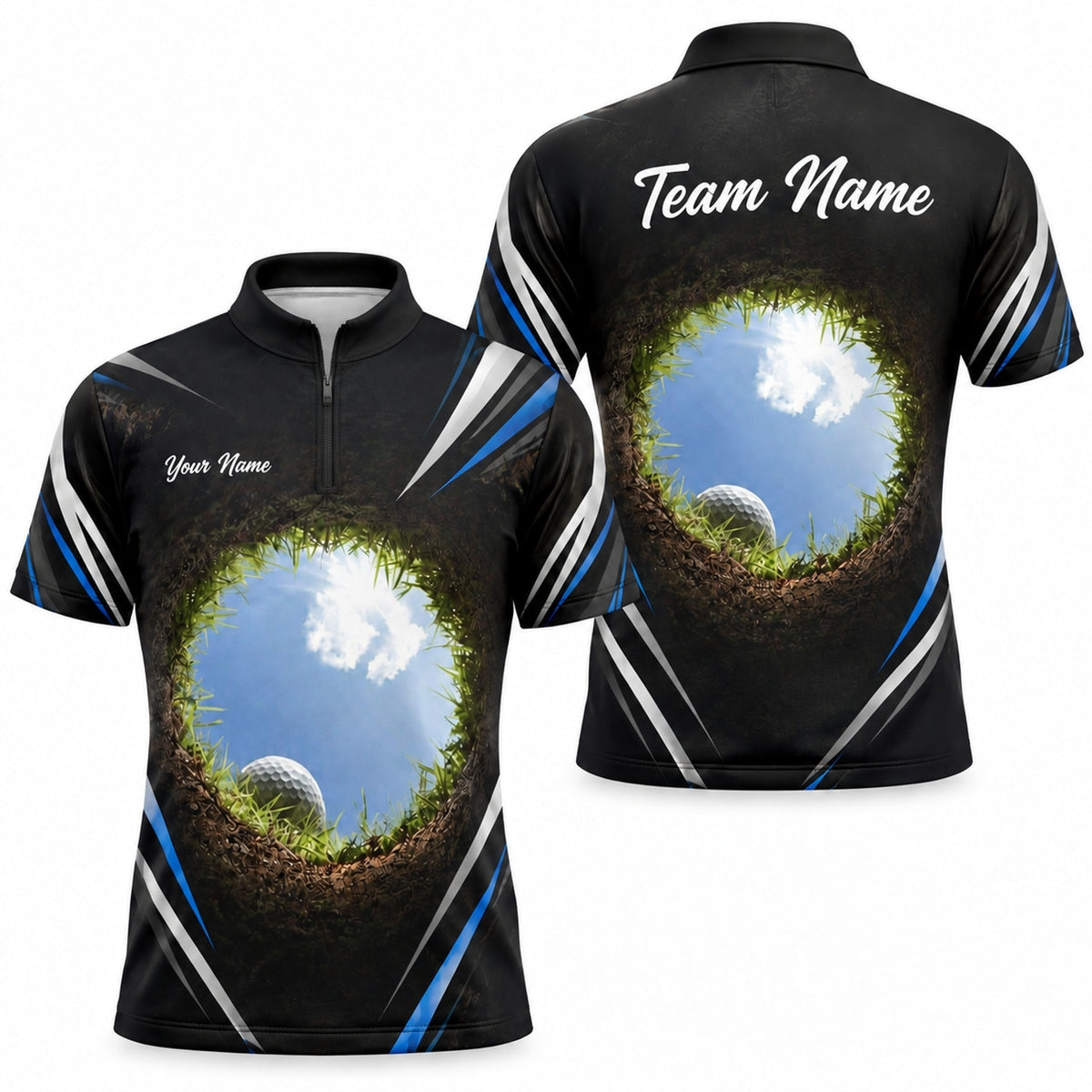 Golf Ball In Hole Graphic Personalized Golf Polo Shirt Jersey Zip 1 4 Collar