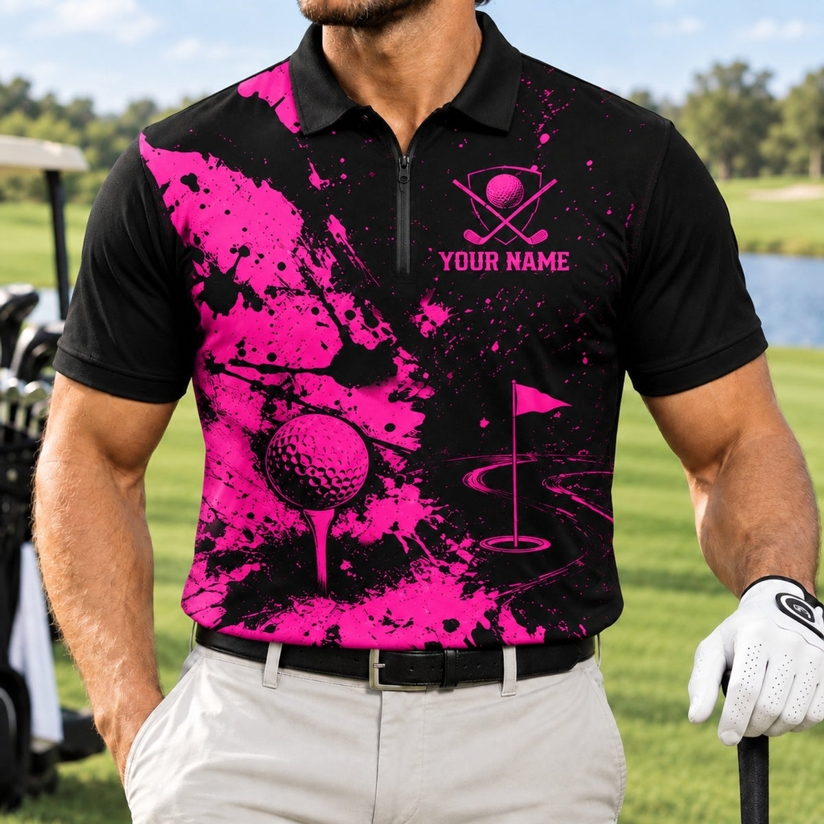 Golf Ball Splash Art Personalized Golf Polo Shirt Front View