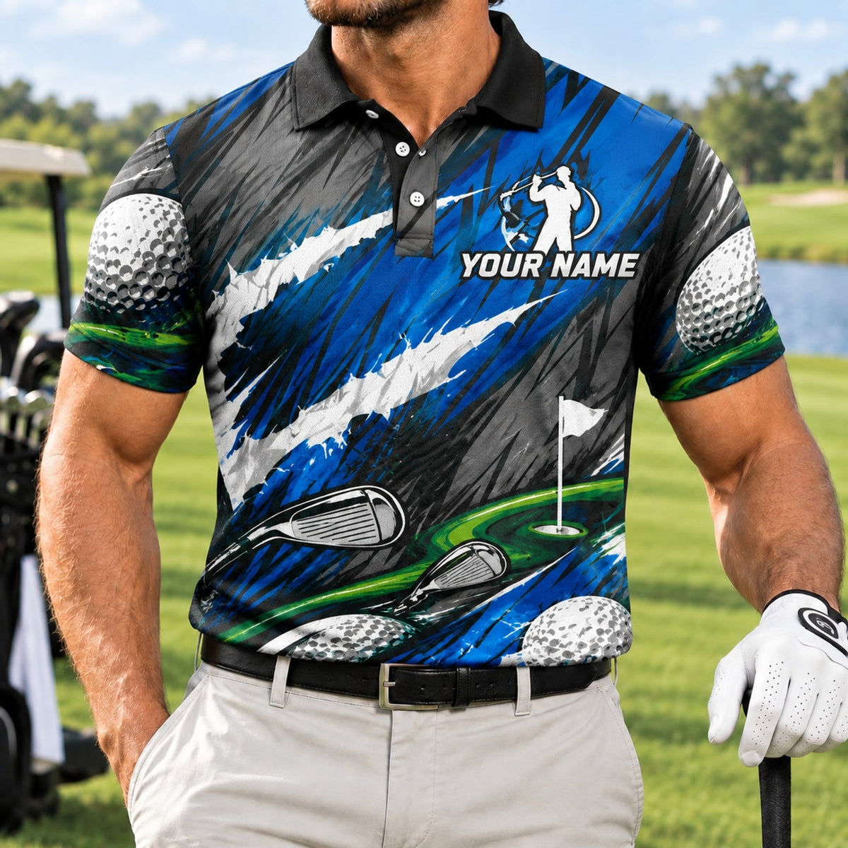 Golf Balls And Clubs Sport Personalized Golf Polo Shirt Front View