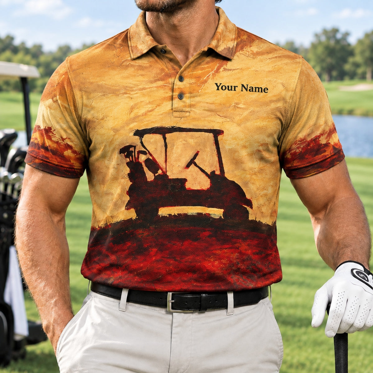 Golf Cart Silhouette Graphic Personalized Golf Polo Shirt Front View