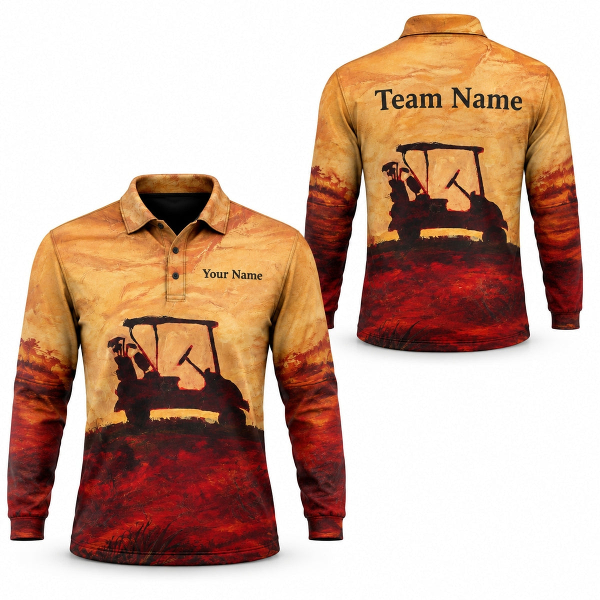 Golf Cart Silhouette Graphic Personalized Golf Polo Shirt Long Sleeve Polo