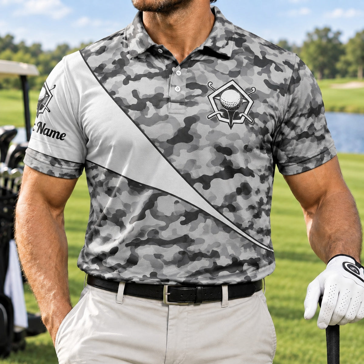 Golf Club Crest Camo Personalized Golf Polo Shirt Front View