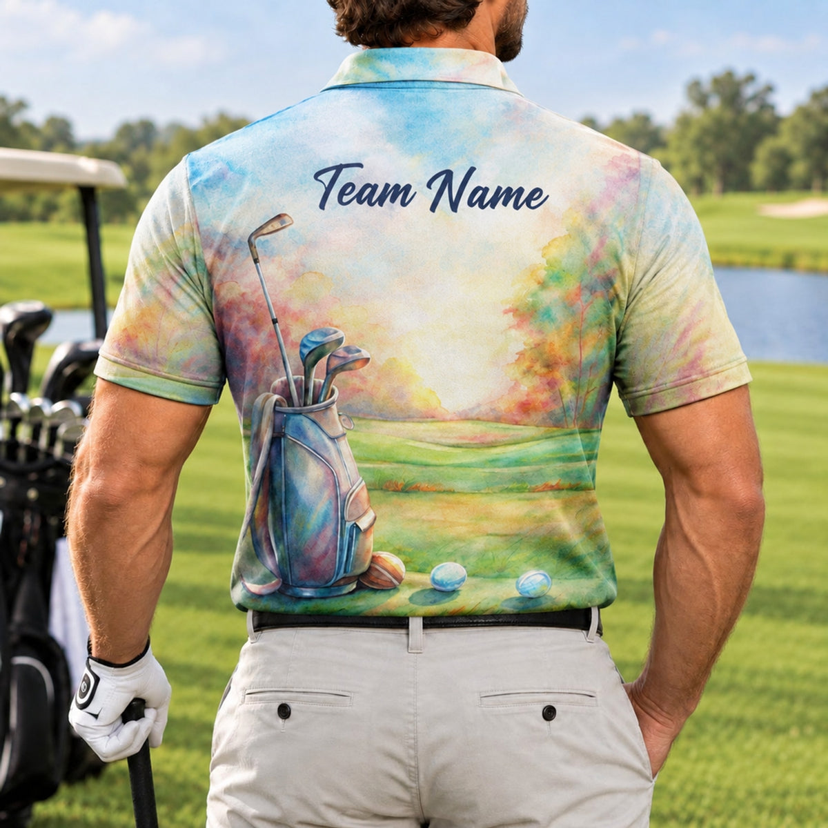 Golf Course Watercolor Art Personalized Golf Polo Shirt Back View