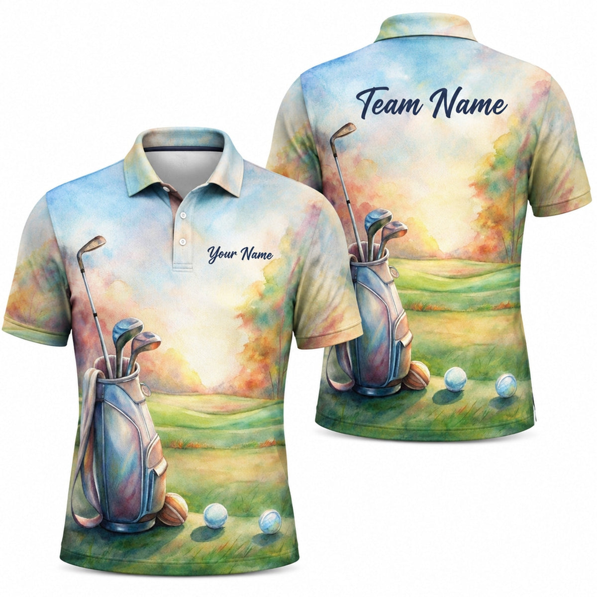 Golf Course Watercolor Art Personalized Golf Polo Shirt