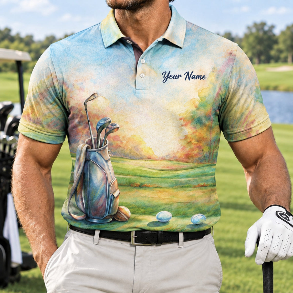 Golf Course Watercolor Art Personalized Golf Polo Shirt Front View