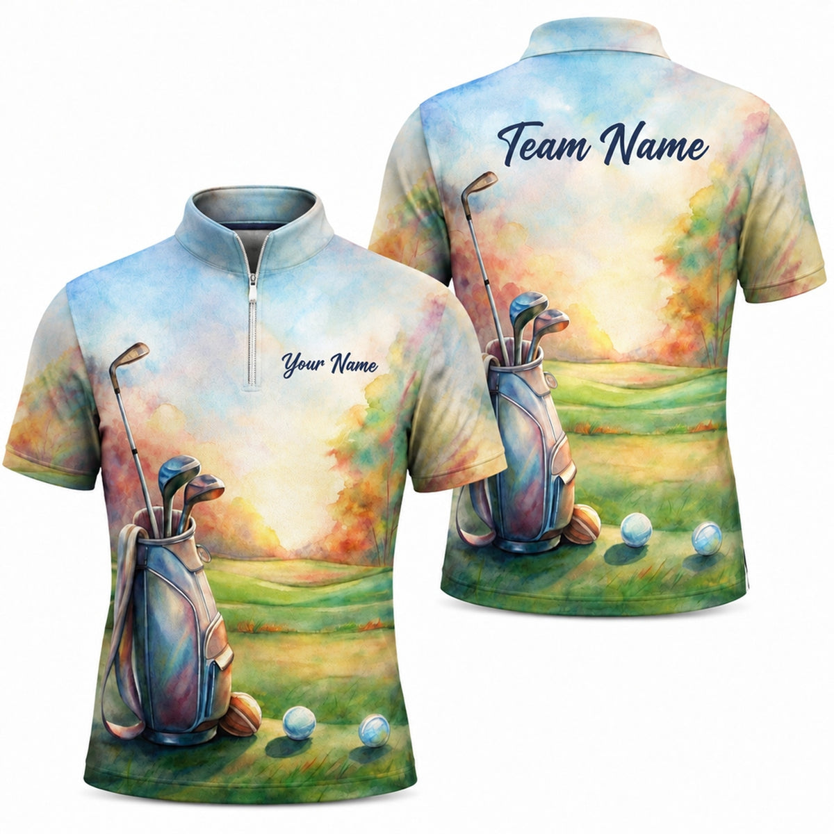 Golf Course Watercolor Art Personalized Golf Polo Shirt Jersey Zip 1 4 Collar