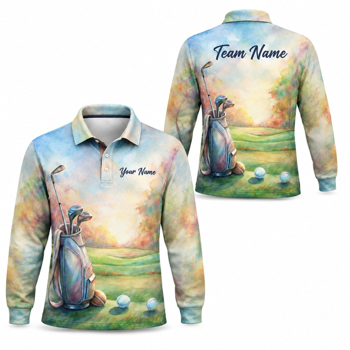Golf Course Watercolor Art Personalized Golf Polo Shirt Long Sleeve Polo