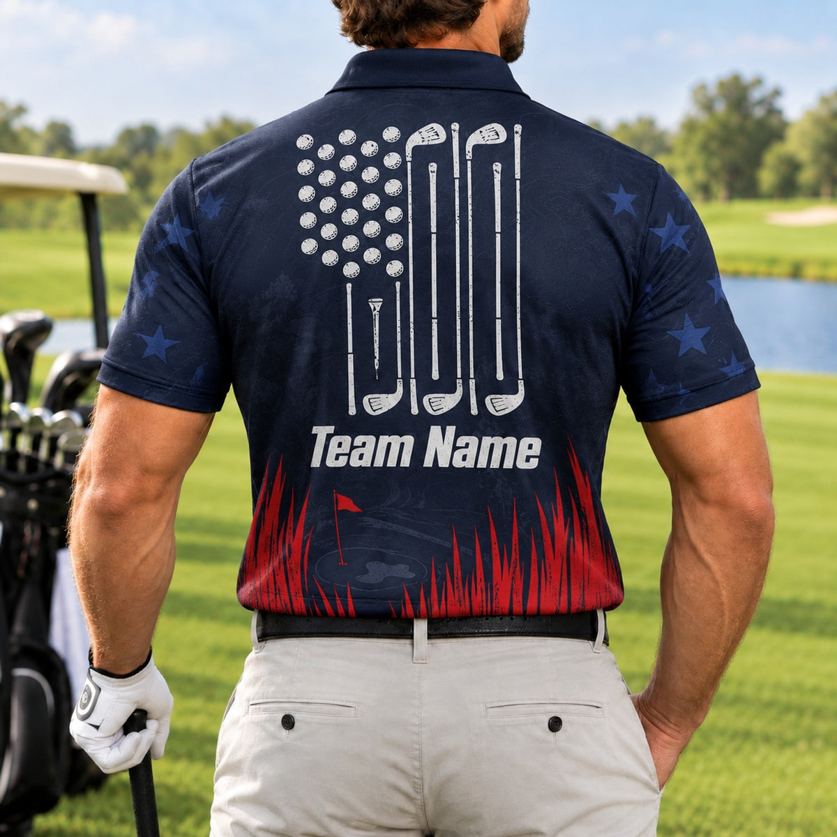 Golf Flag And Clubs Sport Personalized Golf Polo Shirt Back View