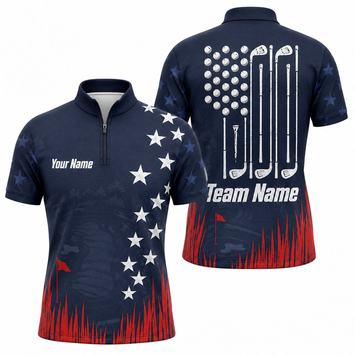 Golf Flag And Clubs Sport Personalized Golf Polo Shirt Jersey Zip 1 4 Collar